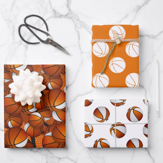 オレンジ色の白いスポーツチームはバスケットボールのギフトに色を付ける ラッピングペーパーシート (正面)