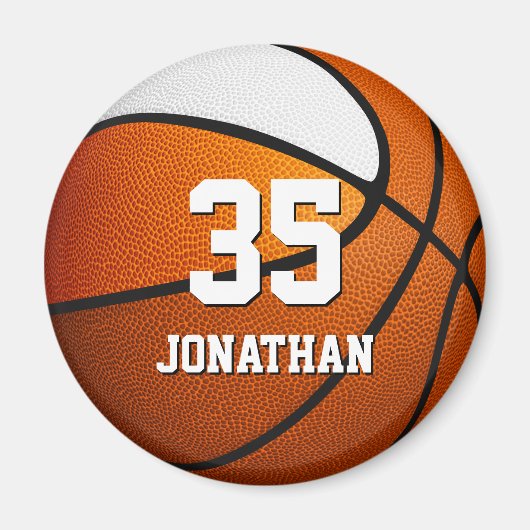オレンジ色の白いチームカラーリアルなバスケットボール マグネット (正面)