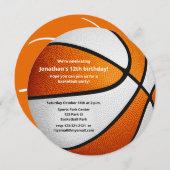 オレンジ色の白いバスケットボールをテーマにした誕生日パーティー 案内状 (正面/裏面)