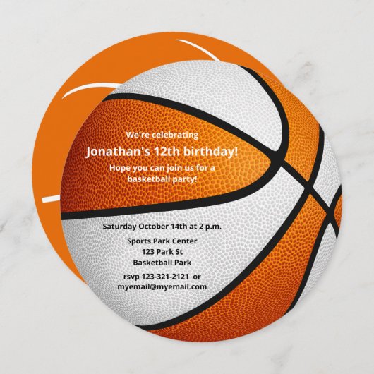 オレンジ色の白いバスケットボールをテーマにした誕生日パーティー 案内状 (正面/裏面)