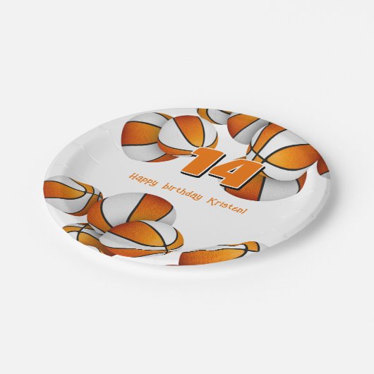オレンジ色の白いバスケットボール女の子の誕生日パーティー ペーパープレート (アングル)