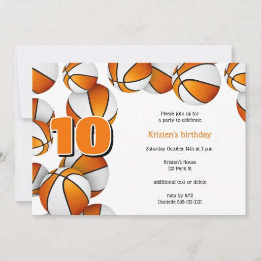オレンジ色の白いバスケットボール女の子の誕生日パーティー 招待状 (正面)