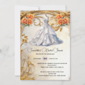 オレンジ色の白いブライダルガウンバラ豪華な花 招待状 (正面)