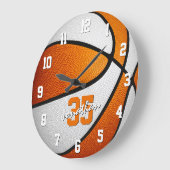 オレンジ色の白い女の子のバスケットボールパーソナライズされた ラージ壁時計 (傾斜)