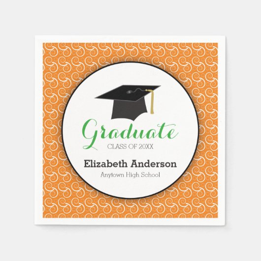 オレンジ色の白い渦巻き、卒業パーソナライズされた スタンダードカクテルナプキン (正面)
