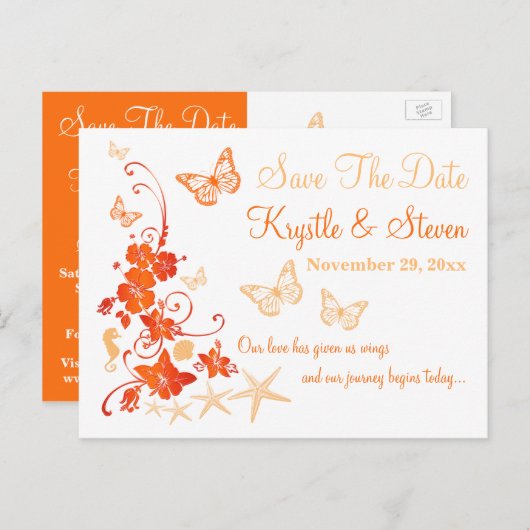 オレンジ色の白い熱帯ビーチ日付はがきを保存 案内ポストカード (正面/裏面)