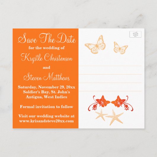 オレンジ色の白い熱帯ビーチ日付はがきを保存 案内ポストカード (裏面)