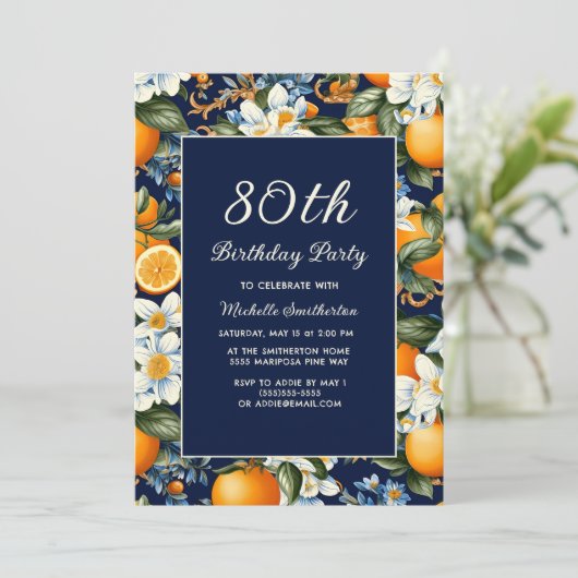オレンジ色の白い花 ネイビーブルー 80歳の誕生日 招待状 (スタンド正面)