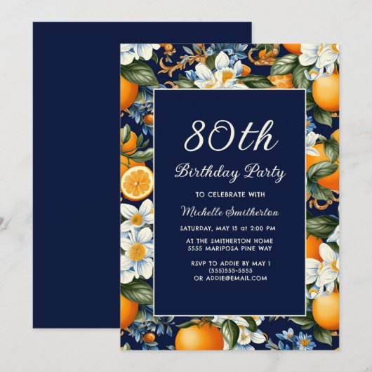 オレンジ色の白い花 ネイビーブルー 80歳の誕生日 招待状 (正面/裏面)