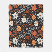 オレンジ色の白い花（黒） フリースブランケット (正面)