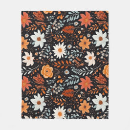 オレンジ色の白い花（黒） フリースブランケット