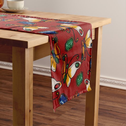 オレンジ色の白い蝶、エメラルド、赤のサファイア ショートテーブルランナー (インサイチュ)