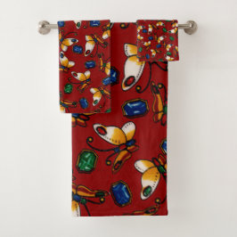 オレンジ色の白い蝶、エメラルド、赤のサファイア バスタオルセット