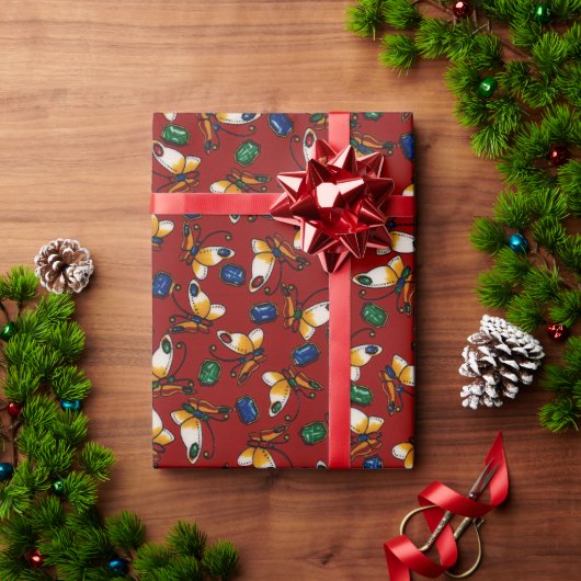 オレンジ色の白い蝶、エメラルド、赤のサファイア ラッピングペーパー (クリスマスギフト)