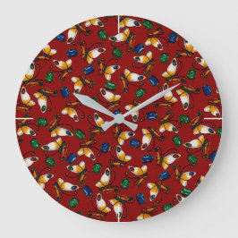 オレンジ色の白い蝶、エメラルド、赤のサファイア ラージ壁時計