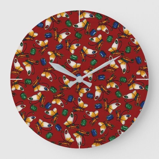 オレンジ色の白い蝶、エメラルド、赤のサファイア ラージ壁時計 (正面)
