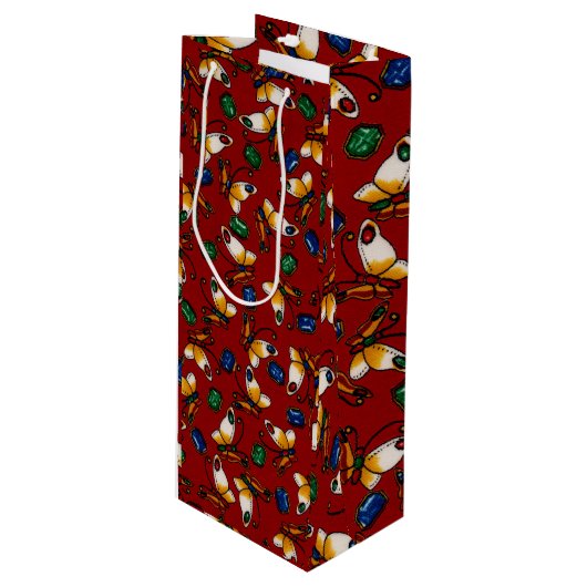 オレンジ色の白い蝶、エメラルド、赤のサファイア ワインギフトバッグ (正面アングル)