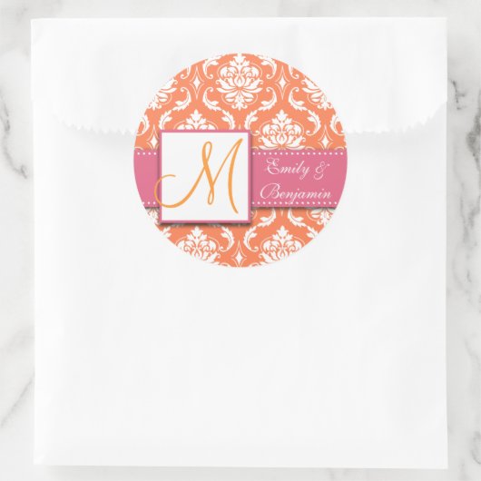オレンジ色の白のダマスクの結婚式の好意ステッカーピンク ラウンドシール (バッグ)