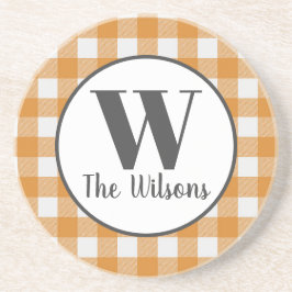 オレンジ色の白バッファロープレイドモノグラム コースター