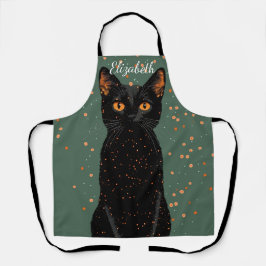 オレンジ色の目とグリッターで神秘的な黒猫 エプロン