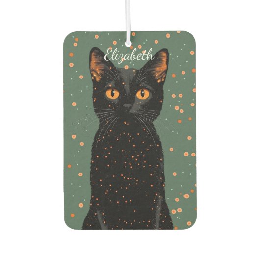 オレンジ色の目とグリッターで神秘的な黒猫 カーエアーフレッシュナー (正面)