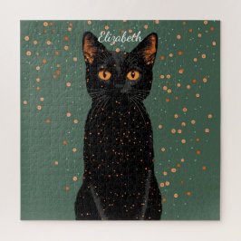 オレンジ色の目とグリッターで神秘的な黒猫 ジグソーパズル