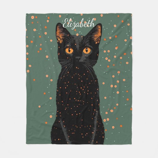 オレンジ色の目とグリッターで神秘的な黒猫 フリースブランケット (正面)