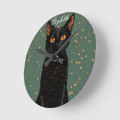 オレンジ色の目とグリッターで神秘的な黒猫 ラウンド壁時計 (傾斜)