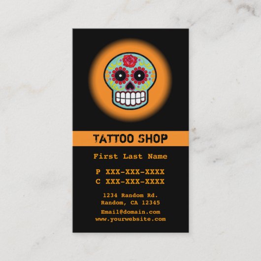 オレンジ色の砂糖スカルタトゥーカスタムビジネスカード 名刺 (正面)