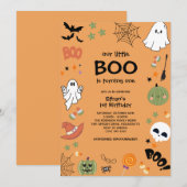 オレンジ色の私たちの小さなブー ハロウィン 1歳の誕生日  招待状 (正面/裏面)