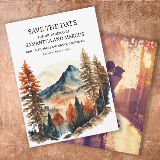 オレンジ色の秋の山のウェディングフォト Save Date セーブザデート