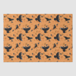 オレンジ色の秋の木版木の葉とカラスの鳥柄 薄葉紙