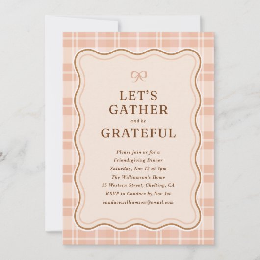 オレンジ色の秋の格子模様のフレンドリディナー 招待状 (正面)