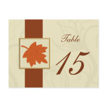 オレンジ色の秋の結婚式テーブル番号はがき