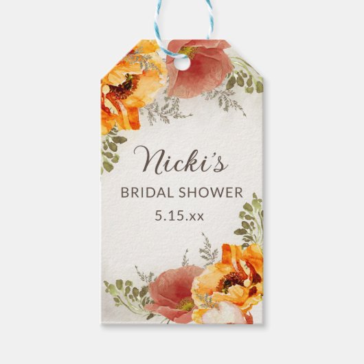オレンジ色の秋の花のブライダルシャワーネーム ギフトタグ (正面)
