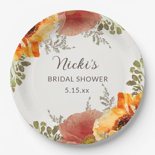 オレンジ色の秋の花のブライダルシャワー名前 ペーパープレート (正面)