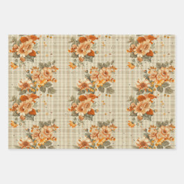 オレンジ色の秋の花を持つかわいらしタン格子模様 ラッピングペーパーシート