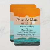 オレンジ色の空とターコイズブルーの海のビーチの日の出の絵画 セーブザデート (正面/裏面)