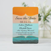 オレンジ色の空とターコイズブルーの海のビーチの日の出の絵画 セーブザデート (スタンド正面)