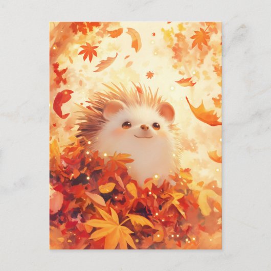 オレンジ色の紅葉の葉の間から顔を出すハリネズミ ポストカード (正面)
