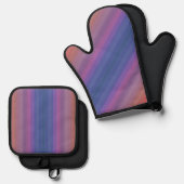 オレンジ色の紫と青の水平のストライプデザイン 鍋つかみ&鍋敷きセット (正面/裏面)