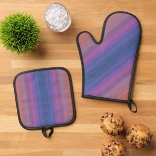 オレンジ色の紫と青の水平のストライプデザイン 鍋つかみ&鍋敷きセット