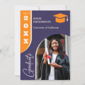 オレンジ色の紫モダンの卒業写真 案内状 (正面)