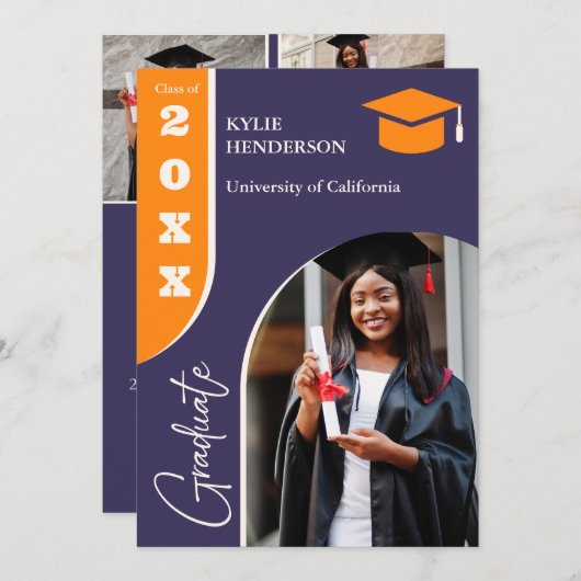オレンジ色の紫モダンの卒業写真 案内状 (正面/裏面)