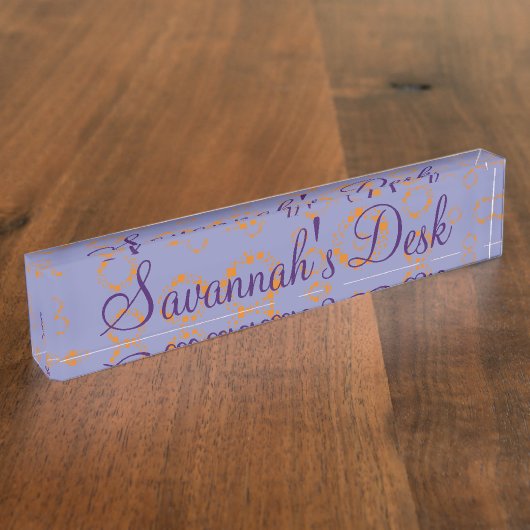 オレンジ色の紫色の円の正方形パター澄んン デスクネームプレート (側面)