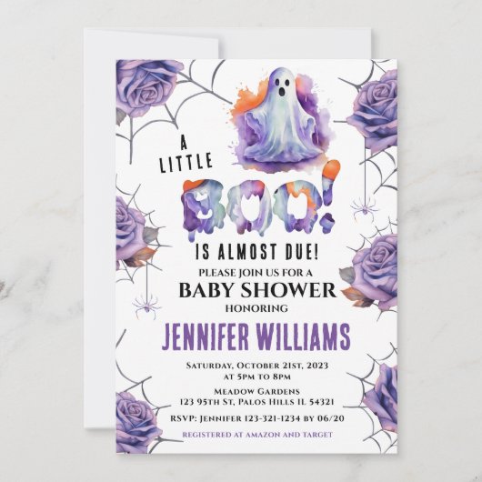 オレンジ色の紫色の小さなブー幽霊の赤ちゃんシャワー 招待状 (正面)