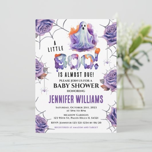 オレンジ色の紫色の小さなブー幽霊の赤ちゃんシャワー 招待状 (スタンド正面)