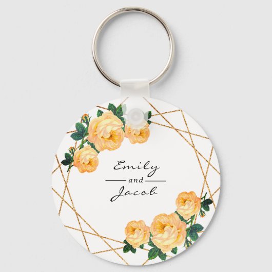 オレンジ色の結婚フローラエレガント金ゴールドグリッター幾何学的 キーホルダー (正面)