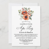 オレンジ色の結婚披露宴の後の幸せなフローラ 招待状 (正面)