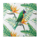 オレンジ色の緑のオウムと花 タイル (正面)